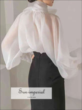 Women’s White Sheer Chiffon Long Lantern Sleeve Bow Tie Blouse Sun-Imperial United States