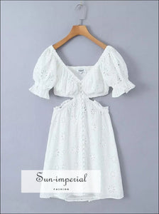 Women’s White Short Sleeve Embroidery cut Out Waist Mini Dress With Center Buttons Detail Sun-Imperial United States