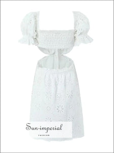 Women’s White Short Sleeve Embroidery cut Out Waist Mini Dress With Center Buttons Detail Sun-Imperial United States