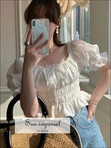 Women’s White Vintage Short Sleeve Top with Center Bow and Elastic Waist Details And Sun-Imperial United States