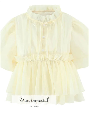 Women’s Yellow Short Lantern Sleeve Blouse with Double Layers Ruffles Detail With Sun-Imperial United States