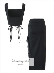 The Seductive Y2k Midi Skirt Set - Drawstring Backless Crop Top With Slim Corset Design And Low Waist Side Slit 2-piece set, backless crop