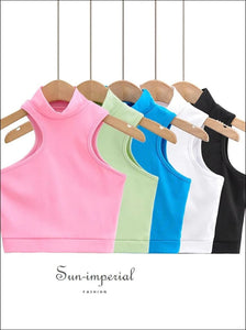 Women’s Solid Cut Out Shoulder High Collar Camisole Bodycon Tank Top Sun-Imperial United States