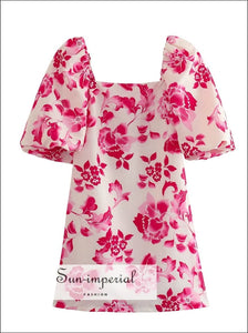 Women’s White With Pink Floral Print Short Puff Sleeve Square Neckline Mini Dress Sun-Imperial United States