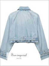 Women Long Sleeve Belted Cropped Denim Jacket With Lapel Collar Sun-Imperial United States