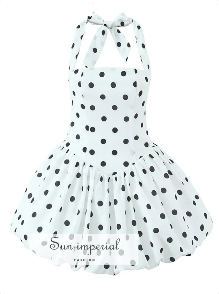 Sun-imperial - women's backless White polka dot halter balloon puff style mini dress White / S Sun-imperial - women's backless White polka dot halter balloon puff style mini dress White / S