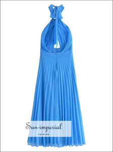 Women’s Blue Backless Halter Maxi Dress With Front Warp Detail Sun-Imperial United States