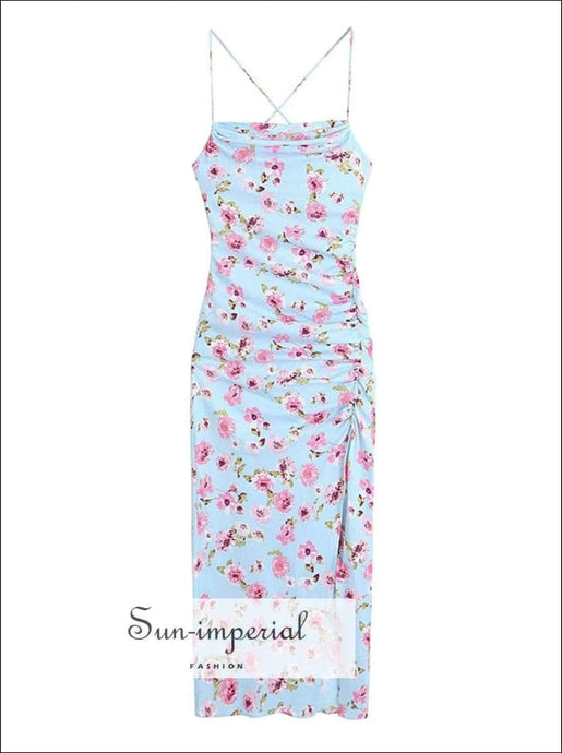 Women’s Light Blue With Pink Floral Print Criss Cross Back Tie Midi Dress Side Slit Detail Sun-Imperial United States