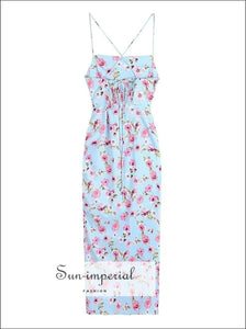 Women’s Light Blue With Pink Floral Print Criss Cross Back Tie Midi Dress Side Slit Detail Sun-Imperial United States