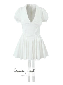 Women’s Vintage Short Puff Sleeve Pleated White Mini Dress With Back Bow Detail with Sun-Imperial United States
