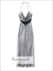 Women’s Sequin Silver Cami Strap Backless Satin Maxi Slip Dress Sun-Imperial United States
