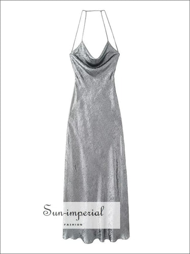 Women’s Sequin Silver Cami Strap Backless Satin Maxi Slip Dress Sun-Imperial United States