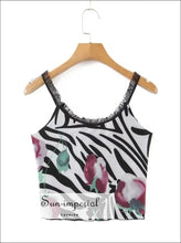 Zebra Striped Floral Print Mesh Cropped Tank Top Sun - Imperial United States