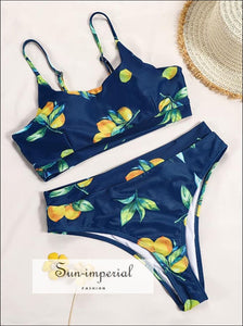 Navy Blue Sport Bra Bikini Set With Lemon Print Detail Sun-Imperial United States