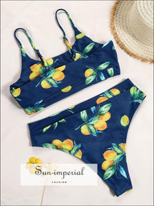 Navy Blue Sport Bra Bikini Set With Lemon Print Detail Sun-Imperial United States