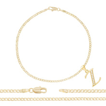 A-Z Initial Letter Pendant 14K Gold Filled Cubic Zirconia Curb Chain Anklet 10" Set CZ Charm Foot Bracelet 2.5 mm Female Women Girl