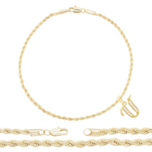 A-Z Initial Letter Pendant 14K Gold Filled Cubic Zirconia Rope Chain Anklet 10" Set CZ Charm Foot Bracelet 2.4 mm Female Women Girl