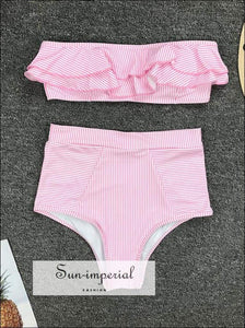 2 Piece Swimsuit Bandeau Bikini High Waisted - Neon Yellow with Hearts Print bikini, bikini set, hot pink, srtiped SUN-IMPERIAL United 
