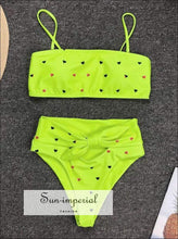 2 Piece Swimsuit Bandeau Bikini High Waisted - Neon Yellow with Hearts Print bikini, bikini set, hot pink, srtiped SUN-IMPERIAL United 