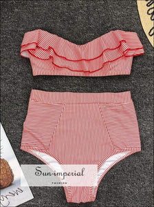 2 Piece Swimsuit Bandeau Bikini High Waisted - Red with White Hearts Print piece, piece set, bikini, bikini hot SUN-IMPERIAL United States