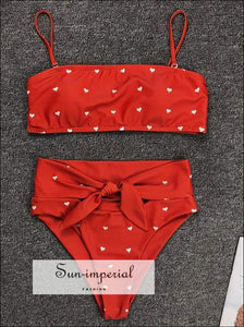 2 Piece Swimsuit Bandeau Bikini High Waisted - Red with White Hearts Print piece, piece set, bikini, bikini hot SUN-IMPERIAL United States