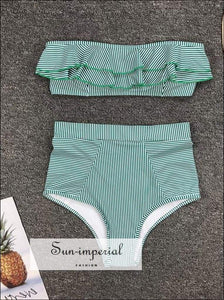 2 Piece Swimsuit Bandeau Bikini High Waisted - Striped Black piece, piece set, bikini, bikini hot SUN-IMPERIAL United States