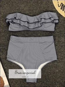 2 Piece Swimsuit Bandeau Bikini High Waisted - Striped Black piece, piece set, bikini, bikini hot SUN-IMPERIAL United States