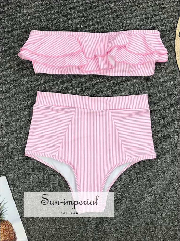 2 Piece Swimsuit Bandeau Bikini High Waisted - Striped Blue SUN-IMPERIAL United States