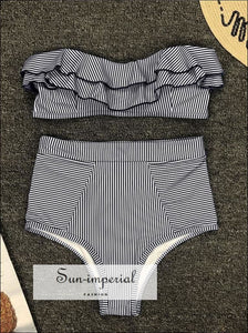 2 Piece Swimsuit Bandeau Bikini High Waisted - Striped Yellow SUN-IMPERIAL United States