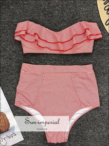 2 Piece Swimsuit Bandeau Bikini High Waisted - Striped Yellow SUN-IMPERIAL United States