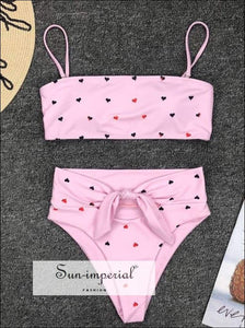 2 Piece Swimsuit Heart Print Bikini High Waisted Tie front bottom -pink piece, piece set, bikini, bikini hot SUN-IMPERIAL United States