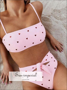 2 Piece Swimsuit Heart Print Bikini High Waisted Tie front bottom - Red SUN-IMPERIAL United States