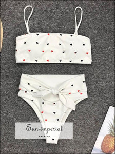 2 Piece Swimsuit Heart Print Bikini High Waisted Tie front bottom -white SUN-IMPERIAL United States