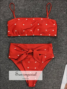 2 Piece Swimsuit Heart Print Bikini High Waisted Tie front bottom - Yelow SUN-IMPERIAL United States