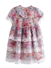 Purple Rose Print Organza Mini Dress With Short Puff Sleeve With Lace Detail