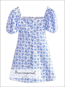 Floral Print Short Puff Sleeve Mini Dress With Rushed Busier Square Collar And Tie Center Detail Sun-Imperial United States