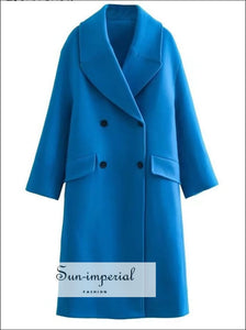 Women Winter Blue Woollen Trench Coat With Double-breasted Buttons And Notched Collar Detail Double-Breasted Sun-Imperial United States