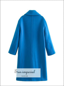 Women Winter Blue Woollen Trench Coat With Double-breasted Buttons And Notched Collar Detail Double-Breasted Sun-Imperial United States