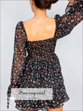 Women’s Black Flower Print Puff Long Sheer Sleeve Sweetheart Neck Mini Dress With Three Layer Ruffle Hem And Center Bow Detail Beach Style
