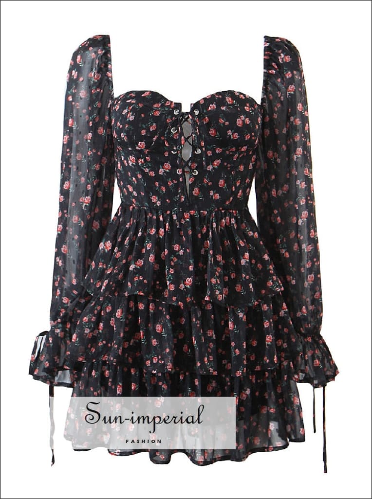 Sun-imperial - womens Black flower print puff long sheer sleeve sweetheart neck mini dress Green / L Sun-imperial - womens Black flower print puff long sheer sleeve sweetheart neck mini dress Green / L