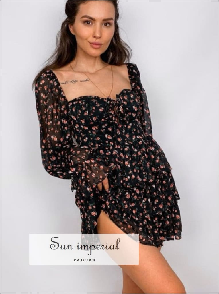 Sun-imperial - womens Black flower print puff long sheer sleeve sweetheart neck mini dress Green / L Sun-imperial - womens Black flower print puff long sheer sleeve sweetheart neck mini dress Green / L