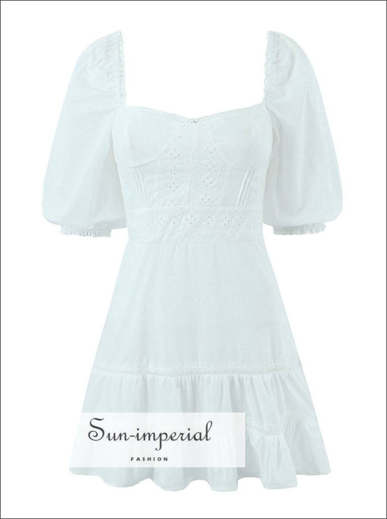 White Lace Embroidery Short Puff Sleeve Cotton Mini Dress With Square Collar And Ruffles Hem Detail Sun-Imperial United States
