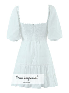 White Lace Embroidery Short Puff Sleeve Cotton Mini Dress With Square Collar And Ruffles Hem Detail Sun-Imperial United States