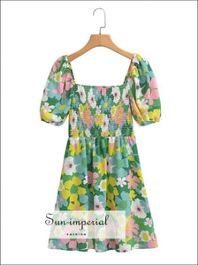 Green Floral Square Neckline Short Puff Sleeve A-line Mini Dress With Ruched Elastic Bodice And Center Bow Detial A-Line Sun-Imperial United