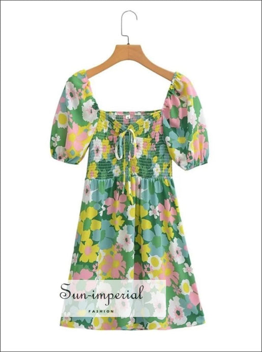 Green Floral Square Neckline Short Puff Sleeve A-line Mini Dress With Ruched Elastic Bodice And Center Bow Detial A-Line Sun-Imperial United