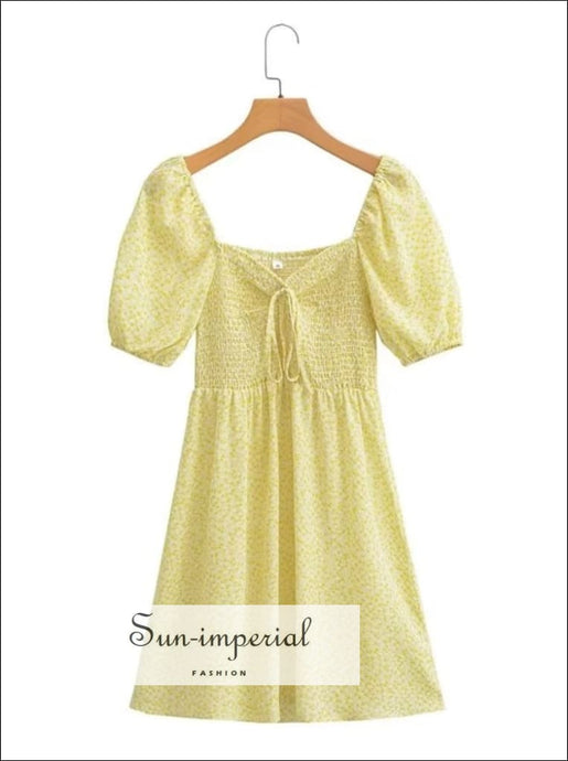 Yellow Floral Square Neckline Short Puff Sleeve A-line Mini Dress With Ruched Elastic Bodice And Center Bow Detial Sun-Imperial United