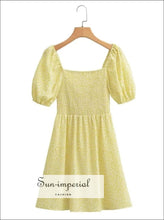 Yellow Floral Square Neckline Short Puff Sleeve A-line Mini Dress With Ruched Elastic Bodice And Center Bow Detial Sun-Imperial United
