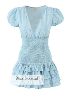 Women’s Light Blue Short Puff Sleeve Deep v Neckline Mini Dress With Rushed Elastic Waist And Ruffle Detail Beach Style Print, Bohemian