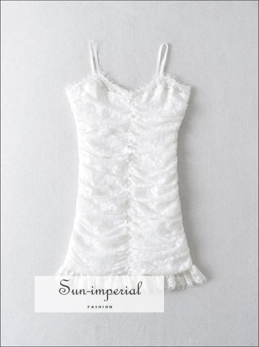 White Lace Bodycon Adjustable Cami Strap Mini Dress With Roached Center And Ruffles Hem Detail Sun-Imperial United States