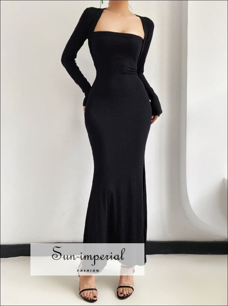 ★I AM MARI★ COLLAR BONY KNIT LONG DRESS Sun-imperial - women long sleeve square collar knitted